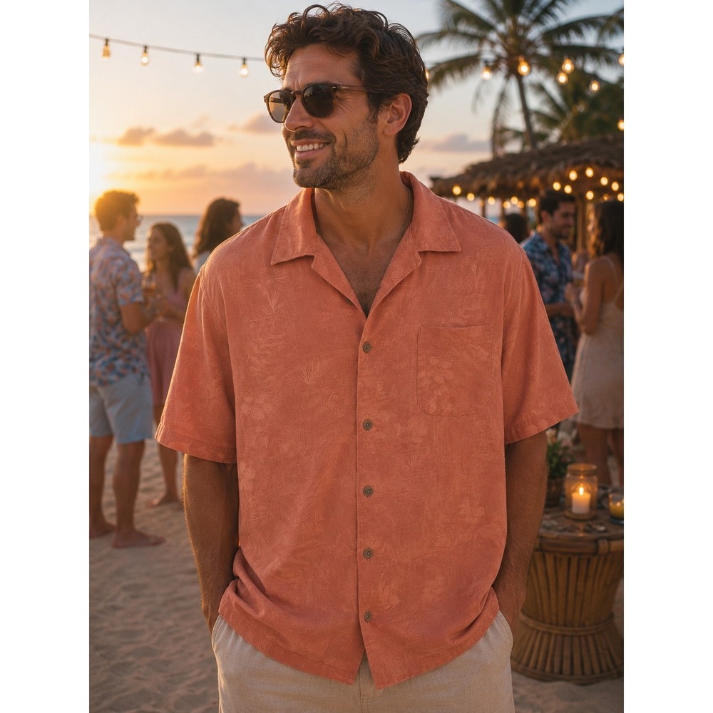TOMMY BAHAMA Men's XL Silk Hawaiian Shirt Orange -1063